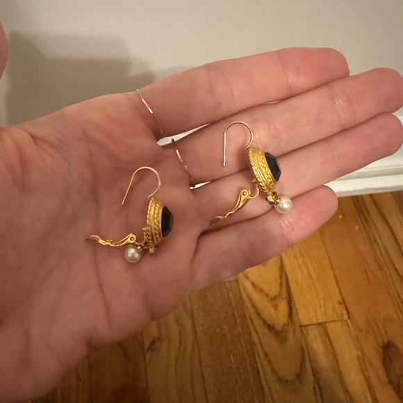 Antique 18k Gold Fill black faceted stone pearl drop earrings - Picture 3 of 4